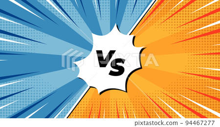Logo of versus. Letters VS on background in comics style for sports and fight, martial arts, competition. Blue and orange background with halftone effect. Vector illustration Logo of versus. Letters VS on background in comics style for sports and fight, martial arts, competition. Blue and orange background with halftone effect. Vector illustration 94467277
