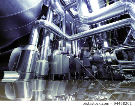 Industrial zone, Steel pipelines in blue tones with reflection Industrial zone, Steel pipelines in blue tones with reflection 94468201