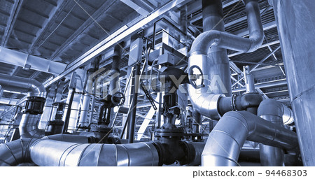 Equipment, cables and piping as found inside of industrial power plant Equipment, cables and piping as found inside of industrial power plant 94468303