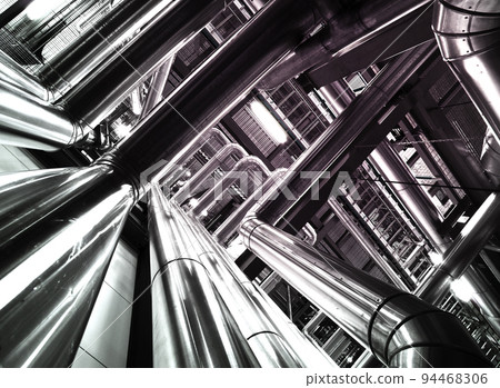 Equipment, cables and piping as found inside of industrial power plant Equipment, cables and piping as found inside of industrial power plant 94468306