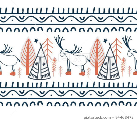 The border is demonic in the northern style. Scandinavian winter forest. Fairy forest seamless. Ribbon and textile decor The border is demonic in the northern style. Scandinavian winter forest. Fairy forest seamless. Ribbon and textile decor 94468472