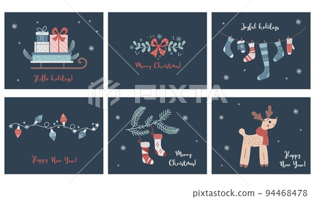 Vector set of Christmas and Happy New Year illustration postcards. design horizontal templates. Sleigh with gifts, Christmas sock, garland and deer. Xmas and New 2023 Year celebration preparation. 94468478