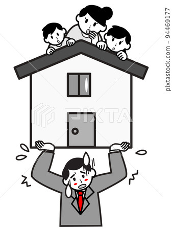 一個顫抖的商人支撐著一所房子，他的家人在上面 94469177