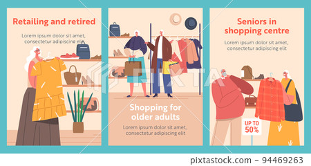 Senior People Choosing Fashioned Dress in Store Cartoon Banners. Aged Men and Women Buying Garment Standing near Hanger 94469263