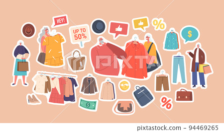 Set of Stickers Senior People Choosing Fashioned Dress in Store, Aged Man and Woman Buying Garment, Hanger with Clothes 94469265