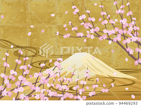 裝飾背景——金箔上的桃子、流水和富士山 94469293