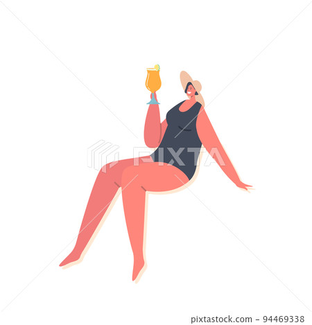 Young Woman Lounging, Drinking Cocktail Isolated on White Background. Girl Tourist Character in Swimsuit Relaxing 94469338