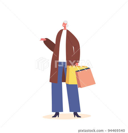 Single Senior Female Character Wear Trendy Clothes Holding Shopping Bags Isolated on White Background Single Senior Female Character Wear Trendy Clothes Holding Shopping Bags Isolated on White Background 94469340