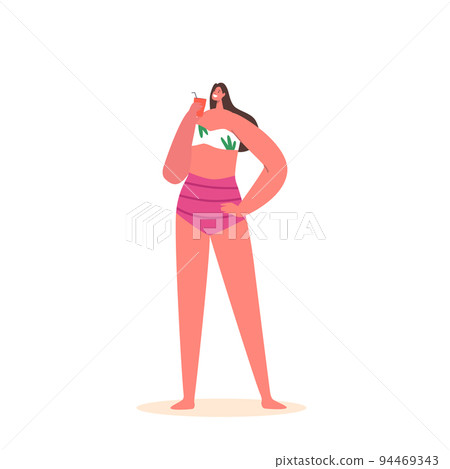 Woman in Bikini Holding Glass with Cocktail Isolated on White Background. Female Character Spend Time at Poolside 94469343