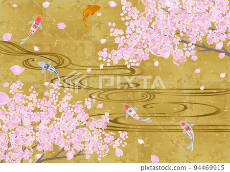 裝飾背景 — 金葉上的櫻花、自來水和 nishikigoi 94469915
