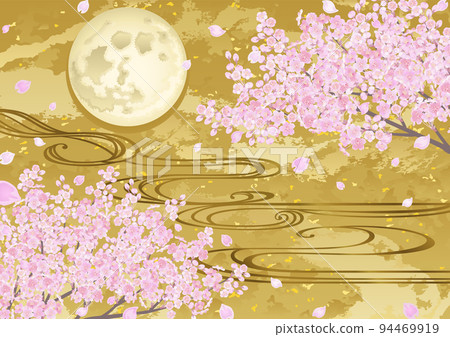 裝飾背景 — 金葉上的櫻花、流水和月亮 94469919