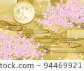 裝飾背景 — 金葉上的櫻花、流水和月亮 94469921