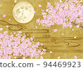 裝飾背景 — 金葉上的櫻花、流水和月亮 94469923