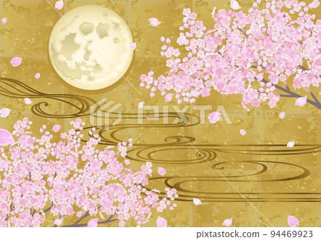 裝飾背景 — 金葉上的櫻花、流水和月亮 94469923