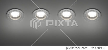 Spotlights recessed ceiling 3D render set. Realistic mockup of round glowing spot lights at night. Artificial lighting, modern LED lamps for home or office isolated on dark background 94470936