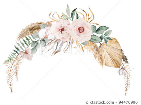 Boho Wedding Watercolor wreath with beige and green tropical leaves and orchid flowers illustration 94470990