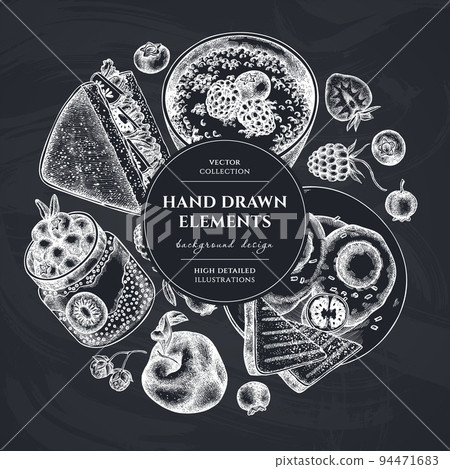 Breakfast circle design. Hand drawn sandwich, bowl with avocado, porridge with berries, chia pudding, fried eggs, raspberry, blueberry, strawberry, apples. 94471683