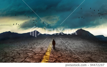 silhouette of a man on the road, concept of uncertainty and obscurity of future 94472287