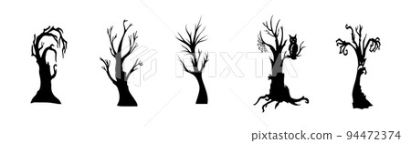 Collection of 5 gloomy halloween trees on white background - Vector 94472374
