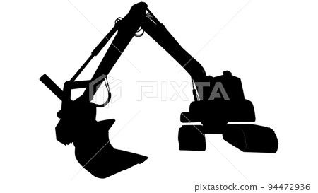 Excavator black silhouette in perspective view isolated. Design element. 94472936