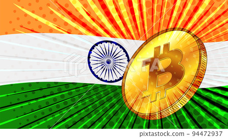 Gold coin of bitcoin on background of Indian flag. Banner for news. Vector. 94472937