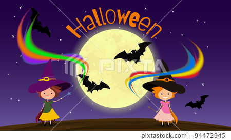Halloween banner with two witches with magic wands and bats on background of moon, dark blue background with stars. Vector. Halloween banner with two witches with magic wands and bats on background of moon, dark blue background with stars. Vector. 94472945