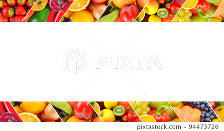 Different useful fruits and vegetables isolated on white . Collage. Free space for text. 94473726