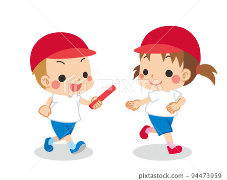 一個男孩跑並將接力棒傳給女孩、孩子、人、可愛、白色背景、矢量的插圖 一個男孩跑並將接力棒傳給女孩、孩子、人、可愛、白色背景、矢量的插圖 94473959