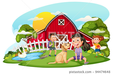 Farm scene with kids cartoon character Farm scene with kids cartoon character 94474648