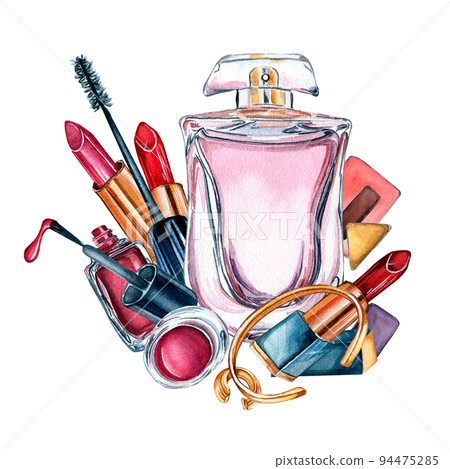 Make up cosmetic, perfume watercolor illustration isolated on white background. Make up cosmetic, perfume watercolor illustration isolated on white background. 94475285