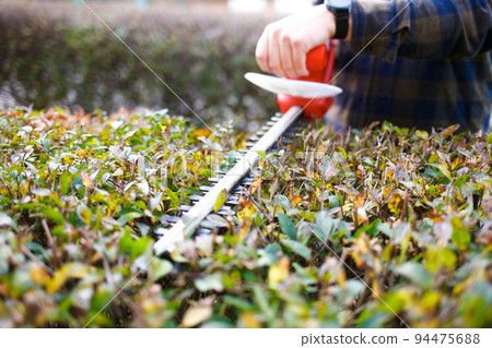 Man shaping bushes with an electric trimmer for shrubs. 94475688