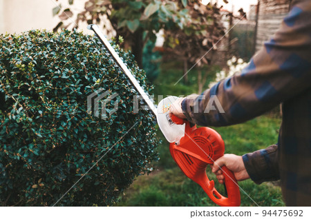 Man with scissors for bushes cultivates a bush in the yard.. 94475692