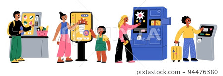 Self ordering people. Smiling men and women pay through vending machines. Customers using delivery and ticket terminals. Kiosk payment service. Interactive display. Garish vector set 94476380