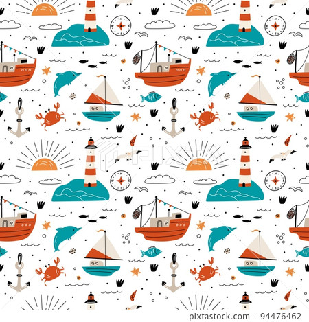 Cartoon marine elements seamless pattern. Nautical objects. Kids wrapping paper. Water animals. Fishing ship. Sail boat. Island lighthouse. Anchor and compass. Garish vector textile print 94476462