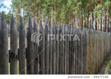 Old wooden sharp fence in the forest Old wooden sharp fence in the forest 94477146