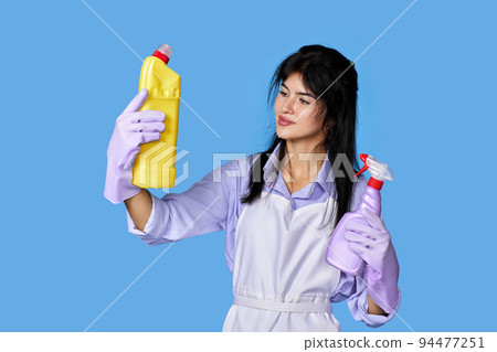 woman gloves and cleaner apron with sponge and detergent sprayer woman gloves and cleaner apron with sponge and detergent sprayer 94477251