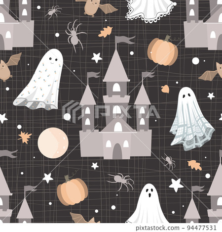 Halloween horror seamless pattern. Dark castles, pumpkin, spiders and sheets ghosts. Scary, and funny spooky background. Decor textile, wrapping paper. Vector seamless texture Halloween horror seamless pattern. Dark castles, pumpkin, spiders and sheets ghosts. Scary, and funny spooky background. Decor textile, wrapping paper. Vector seamless texture 94477531