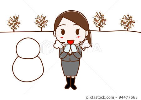 (Full body front) A woman in a suit who enjoys winter by making a snowman because it snowed 94477665