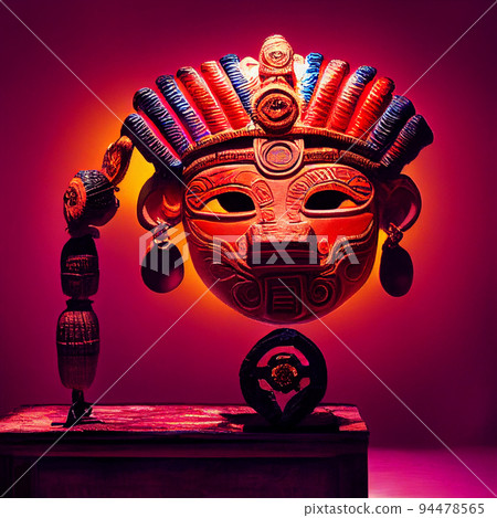 Peruvian Mayan Mask on stand in studio. Multi color. Ancient art. Studio Backdrop. Filmic lighting. Front light. Top light. Wooden floor. Directional lighting. 94478565