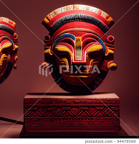 Peruvian Mayan Mask on stand in studio. Multi color. Ancient art. Studio Backdrop. Filmic lighting. Front light. Top light. Wooden floor. Directional lighting. 94478569