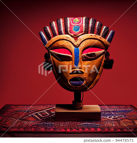 Peruvian Mayan Mask on stand in studio. Multi color. Ancient art. Studio Backdrop. Filmic lighting. Front light. Top light. Wooden floor. Directional lighting. 94478571