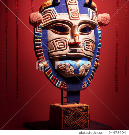 Peruvian Mayan Mask on stand in studio. Multi color. Ancient art. Studio Backdrop. Filmic lighting. Front light. Top light. Directional lighting. Peruvian Mayan Mask on stand in studio. Multi color. Ancient art. Studio Backdrop. Filmic lighting. Front light. Top light. Directional lighting. 94478604