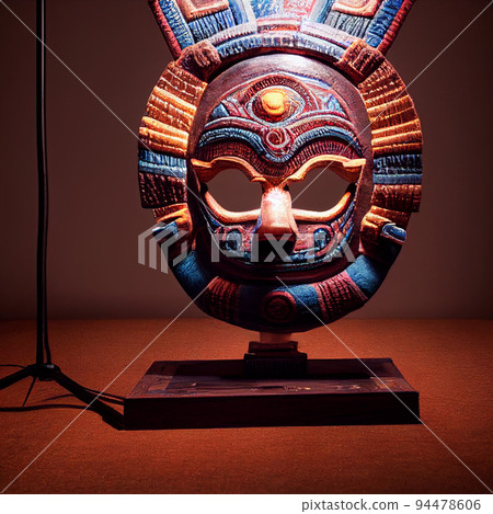 Peruvian Mayan Mask on stand in studio. Multi color. Ancient art. Studio Backdrop. Filmic lighting. Front light. Top light. Directional lighting. 94478606