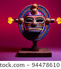 Peruvian Mayan Mask on stand in studio. Multi color. Ancient art. Studio Backdrop. Filmic lighting. Front light. Top light. Directional lighting. 94478610