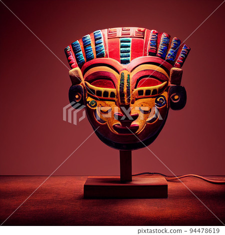 Peruvian Mayan Mask on stand in studio. Multi color. Ancient art. Studio Backdrop. Filmic lighting. Front light. Top light. Directional lighting. 94478619