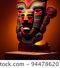 Peruvian Mayan Mask on stand in studio. Multi color. Ancient art. Studio Backdrop. Filmic lighting. Front light. Top light. Directional lighting. 94478620