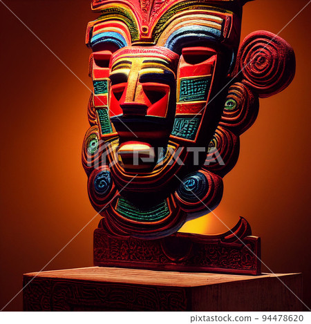 Peruvian Mayan Mask on stand in studio. Multi color. Ancient art. Studio Backdrop. Filmic lighting. Front light. Top light. Directional lighting. 94478620