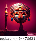 Peruvian Mayan Mask on stand in studio. Multi color. Ancient art. Studio Backdrop. Filmic lighting. Front light. Top light. Directional lighting. 94478621