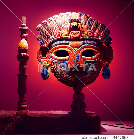 Peruvian Mayan Mask on stand in studio. Multi color. Ancient art. Studio Backdrop. Filmic lighting. Front light. Top light. Directional lighting. Peruvian Mayan Mask on stand in studio. Multi color. Ancient art. Studio Backdrop. Filmic lighting. Front light. Top light. Directional lighting. 94478621
