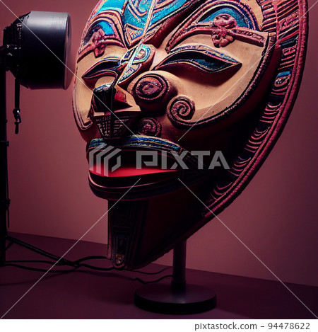 Peruvian Mayan Mask on stand in studio. Multi color. Ancient art. Studio Backdrop. Filmic lighting. Front light. Top light. Directional lighting. 94478622